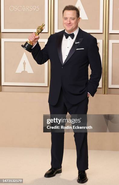 Brendan Fraser, winner of the Best Actor in a Leading Role award for ’The Whale’, poses in the press room during the 95th Annual Academy Awards at...
