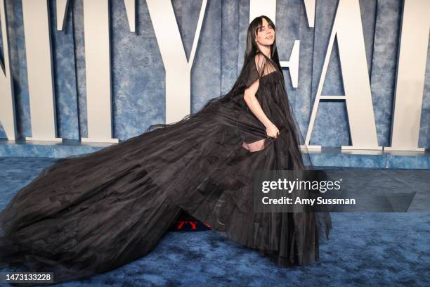 Billie Eilish attends the 2023 Vanity Fair Oscar Party Hosted By Radhika Jones at Wallis Annenberg Center for the Performing Arts on March 12, 2023...