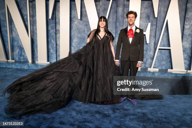 Billie Eilish and Jesse Rutherford attend the 2023 Vanity Fair Oscar Party Hosted By Radhika Jones at Wallis Annenberg Center for the Performing Arts...