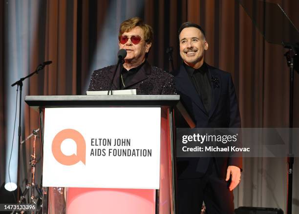 Elton John and David Furnish attend the Elton John AIDS Foundation's 31st Annual Academy Awards Viewing Party on March 12, 2023 in West Hollywood,...