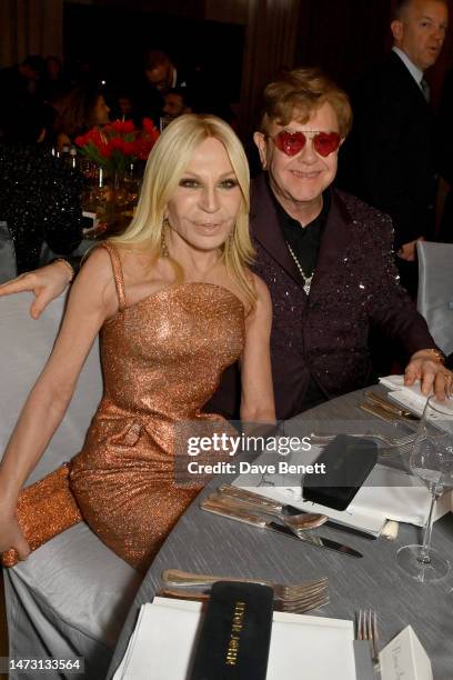 Donatella Versace and Elton John attend the Elton John AIDS Foundation's 31st Annual Academy Awards Viewing Party on March 12, 2023 in West...