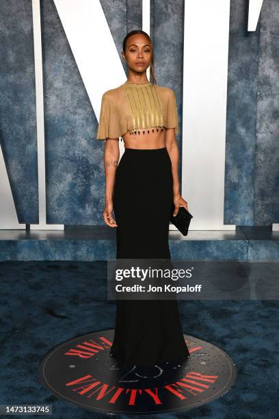 Zoe Saldana attends the 2023 Vanity Fair Oscar Party Hosted By Radhika Jones at Wallis Annenberg Center for the Performing Arts on March 12, 2023 in...