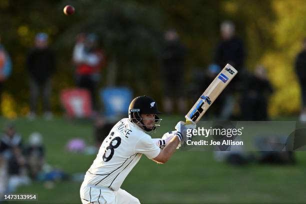 Tim Southee of New Zealand bats during day five of the First Test match in the series between New Zealand and Sri Lanka at Hagley Oval on March 13,...