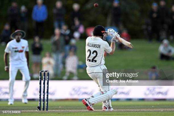 Kane Williamson of New Zealand misses the second last ball of the match during day five of the First Test match in the series between New Zealand and...