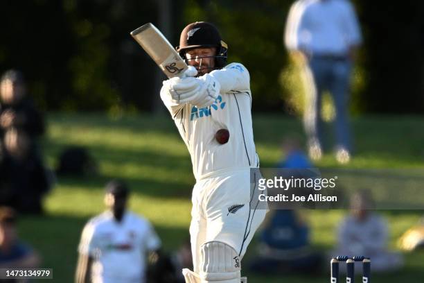 Tom Blundell of New Zealand is hit by the ball during day five of the First Test match in the series between New Zealand and Sri Lanka at Hagley Oval...