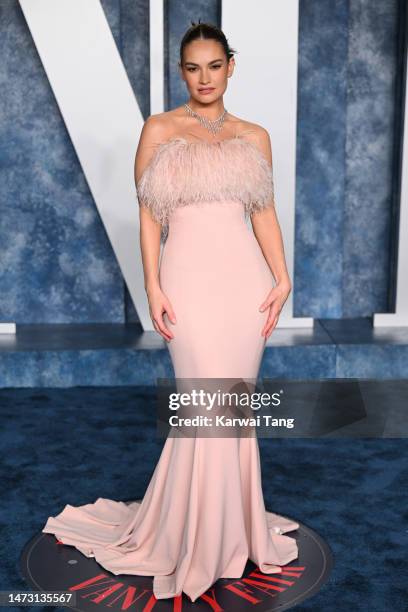 Lily James attends the 2023 Vanity Fair Oscar Party hosted by Radhika Jones at Wallis Annenberg Center for the Performing Arts on March 12, 2023 in...