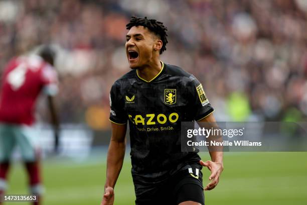 Ollie Watkins of Aston Villa celebrates scoring for Aston Villa during the Premier League match between West Ham United and Aston Villa at London...