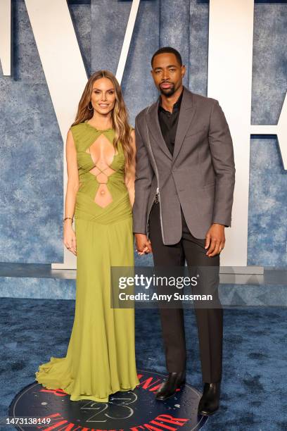 Nina Senicar and Jay Ellis attend the 2023 Vanity Fair Oscar Party Hosted By Radhika Jones at Wallis Annenberg Center for the Performing Arts on...