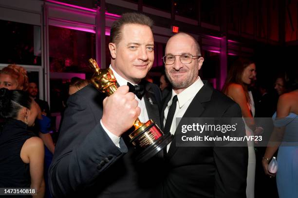 Brendan Fraser and Darren Aronofsky attend the 2023 Vanity Fair Oscar Party Hosted By Radhika Jones at Wallis Annenberg Center for the Performing...