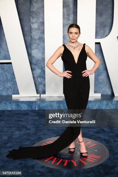 Elizabeth Olsen attends the 2023 Vanity Fair Oscar Party hosted by Radhika Jones at Wallis Annenberg Center for the Performing Arts on March 12, 2023...