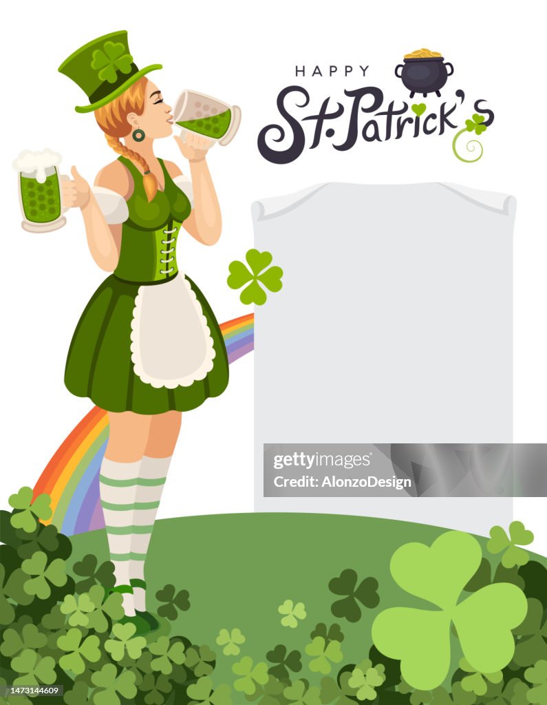 Saint Patrick's Day Celebration. Vector Irish Lucky Holiday Design for Poster. Paper Sign. Party Flyer Illustration with Clover. St. Patrick's Girl with beer mug.