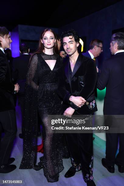 Sophie Turner and Joe Jonas attend the 2023 Vanity Fair Oscar Party Hosted By Radhika Jones at Wallis Annenberg Center for the Performing Arts on...