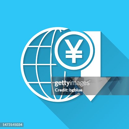 Yen rate decrease. Icon on blue background - Flat Design with Long Shadow Yen rate decrease. Icon on blue background - Flat Design with Long Shadow