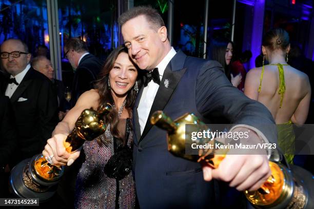 Michelle Yeoh and Brendan Fraser attend the 2023 Vanity Fair Oscar Party Hosted By Radhika Jones at Wallis Annenberg Center for the Performing Arts...