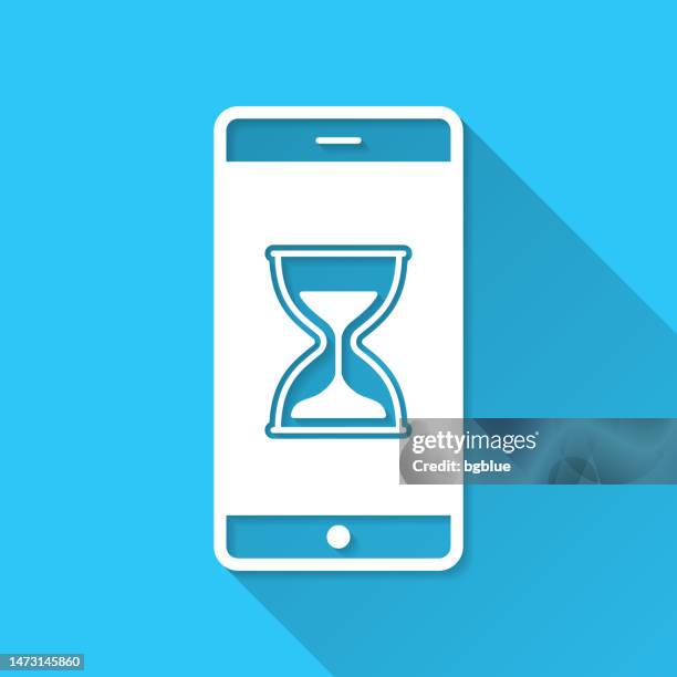 smartphone with hourglass. icon on blue background - flat design with long shadow - checking time with phone stock illustrations