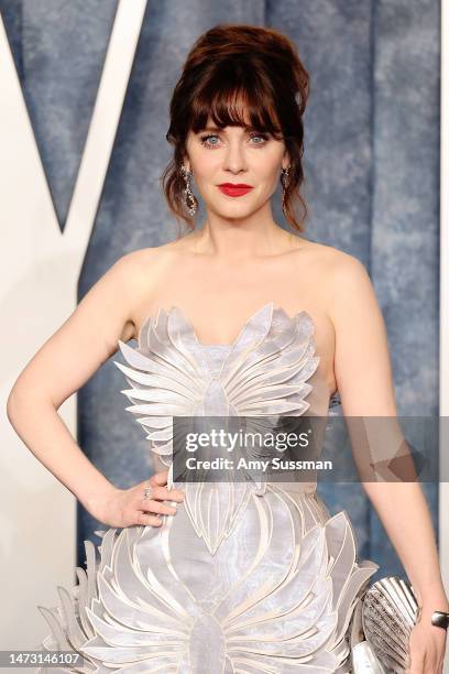Zooey Deschanel attends the 2023 Vanity Fair Oscar Party Hosted By Radhika Jones at Wallis Annenberg Center for the Performing Arts on March 12, 2023...