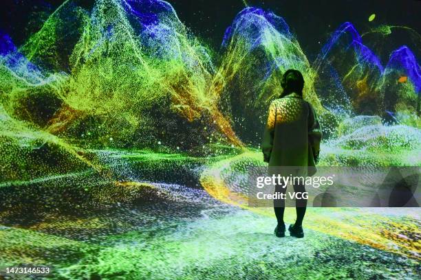 Citizen watches a hologram of the artwork 'A Panorama of Rivers and Mountains' during a digital art exhibition at an art museum on March 11, 2023 in...
