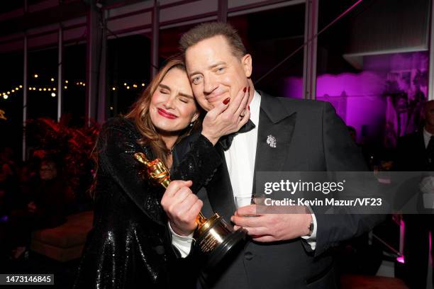 Brooke Shields and Brendan Fraser attend the 2023 Vanity Fair Oscar Party Hosted By Radhika Jones at Wallis Annenberg Center for the Performing Arts...