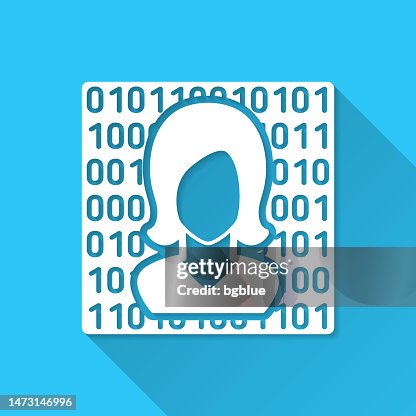 Female face with binary code. Icon on blue background - Flat Design with Long Shadow Female face with binary code. Icon on blue background - Flat Design with Long Shadow