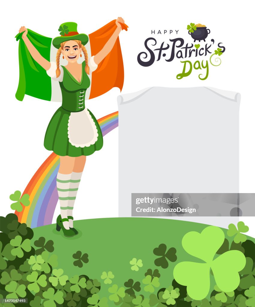 Saint Patrick's Day Celebration. Vector Irish Lucky Holiday Design for Poster. Paper Sign. Party Flyer Illustration with Clover. St. Patrick's Girl with beer mug.
