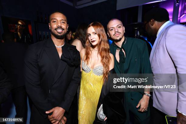 Michael B. Jordan, Ashlee Simpson and Evan Ross attend the 2023 Vanity Fair Oscar Party Hosted By Radhika Jones at Wallis Annenberg Center for the...