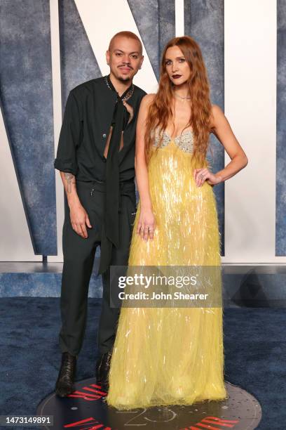 Evan Ross and Ashlee Simpson attend the 2023 Vanity Fair Oscar Party Hosted By Radhika Jones at Wallis Annenberg Center for the Performing Arts on...