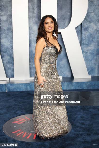 Salma Hayek attends the 2023 Vanity Fair Oscar Party hosted by Radhika Jones at Wallis Annenberg Center for the Performing Arts on March 12, 2023 in...