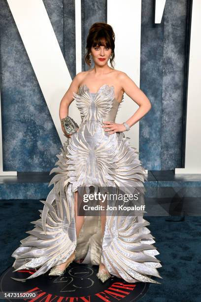 Zooey Deschanel attends the 2023 Vanity Fair Oscar Party Hosted By Radhika Jones at Wallis Annenberg Center for the Performing Arts on March 12, 2023...