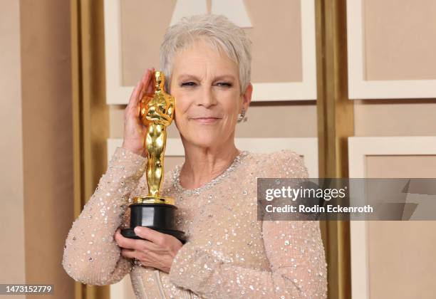 Jamie Lee Curtis, winner of Best Actress in a Supporting Role award for ‘Everything Everywhere All at Once’ poses in the press room during the 95th...
