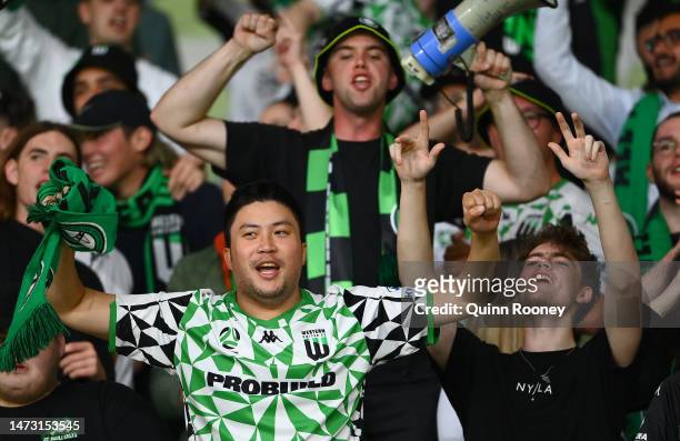 Western United fans celebrate winning the round 20 A-League Men's match between Melbourne Victory and Western United at AAMI Park, on March 13 in...