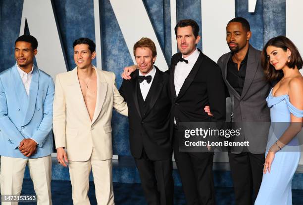 Greg Tarzan Davis, Danny Ramirez, Jerry Bruckheimer, Joseph Kosinski, Jay Ellis. And Monica Barbaro attend the 2023 Vanity Fair Oscar Party Hosted By...