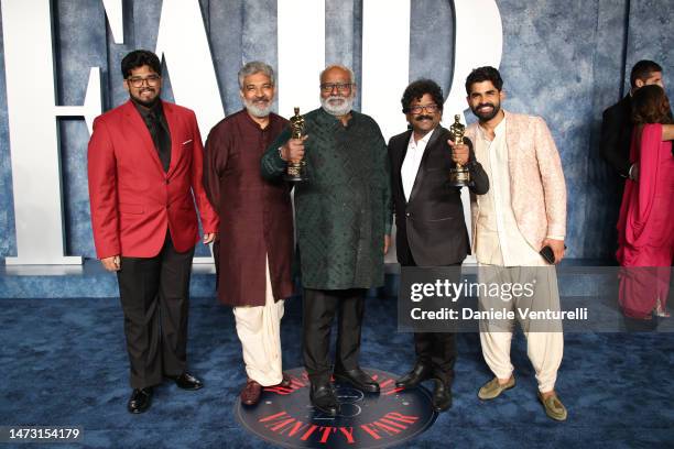 Kaala Bhairava, Rahul Gandhi, M. M. Keeravani, Chandrabose and Rahul Sipligunj attend the 2023 Vanity Fair Oscar Party hosted by Radhika Jones at...