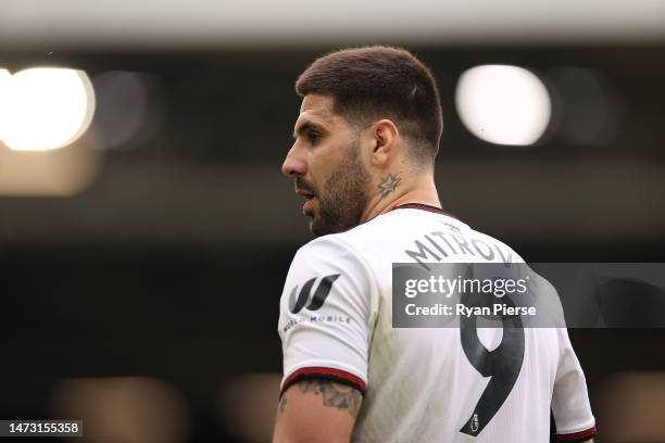 Aleksandar Mitrovic of Fulham looks on during the Premier League match between Fulham FC and Arsenal FC at Craven Cottage on March 12, 2023 in...
