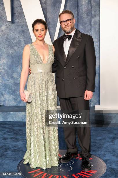 Lauren Miller and Seth Rogen attend the 2023 Vanity Fair Oscar Party Hosted By Radhika Jones at Wallis Annenberg Center for the Performing Arts on...