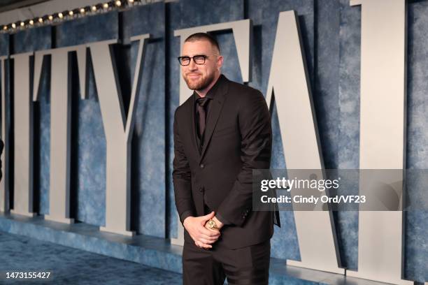 Travis Kelce attends the 2023 Vanity Fair Oscar Party Hosted By Radhika Jones at Wallis Annenberg Center for the Performing Arts on March 12, 2023 in...