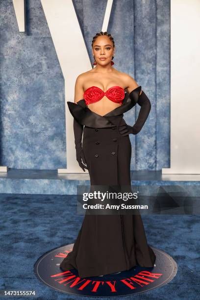 Tessa Thompson attends the 2023 Vanity Fair Oscar Party Hosted By Radhika Jones at Wallis Annenberg Center for the Performing Arts on March 12, 2023...