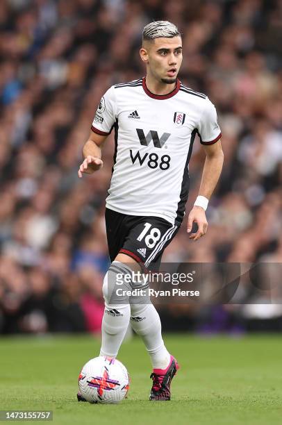 Andreas Pereira of Fulham controls the ball during the Premier League match between Fulham FC and Arsenal FC at Craven Cottage on March 12, 2023 in...