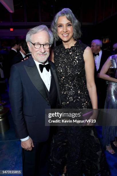 Steven Spielberg and Radhika Jones attend the 2023 Vanity Fair Oscar Party Hosted By Radhika Jones at Wallis Annenberg Center for the Performing Arts...