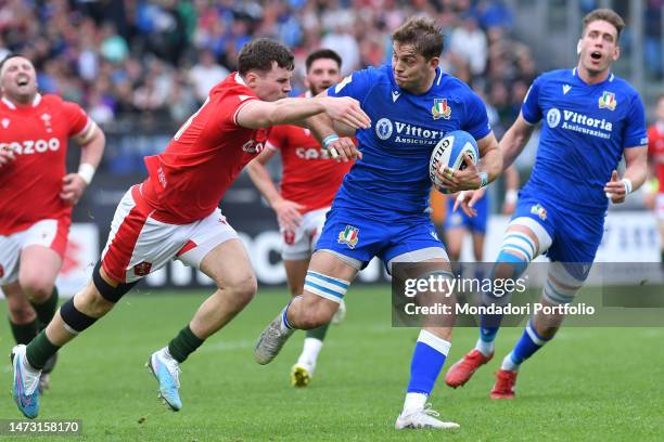 Italian player Lorenzo Cannone during the six nations Italy-Wales rugby tournament match at the Stadio Olimpico. Rome , March 11th, 2023