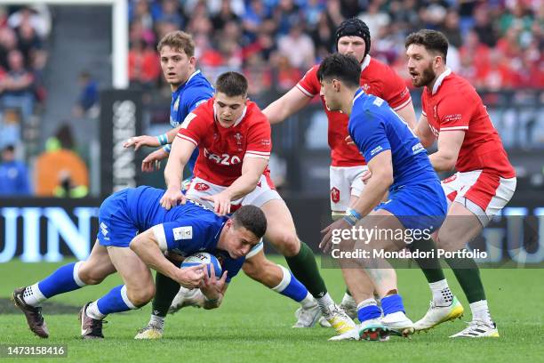 Italian players and Wales players during the six nations Italy-Wales rugby tournament match at the Stadio Olimpico. Rome , March 11th, 2023