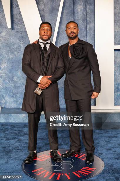 Jonathan Majors and Michael B. Jordan attend the 2023 Vanity Fair Oscar Party Hosted By Radhika Jones at Wallis Annenberg Center for the Performing...