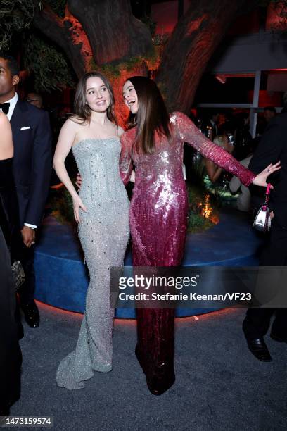 Kaitlyn Dever and Zoey Deutch attend the 2023 Vanity Fair Oscar Party Hosted By Radhika Jones at Wallis Annenberg Center for the Performing Arts on...