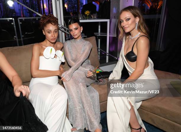 Adwoa Aboah, Emily Ratajkowski and Olivia Wilde attend the 2023 Vanity Fair Oscar Party Hosted By Radhika Jones at Wallis Annenberg Center for the...