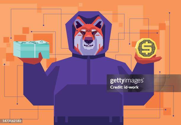 scammer wolf holding stack of banknotes and digital coin - call transfer cartoon stock illustrations