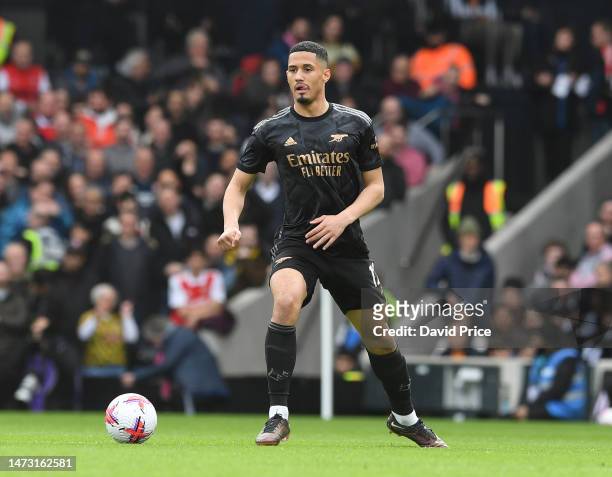 William Saliba of Arsenal during the Premier League match between Fulham FC and Arsenal FC at Craven Cottage on March 12, 2023 in London, England.