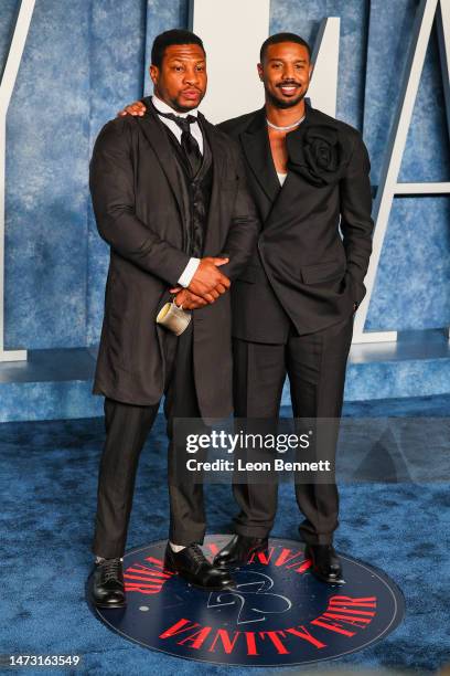 Jonathan Majors and Michael B. Jordan attend the 2023 Vanity Fair Oscar Party Hosted By Radhika Jones at Wallis Annenberg Center for the Performing...