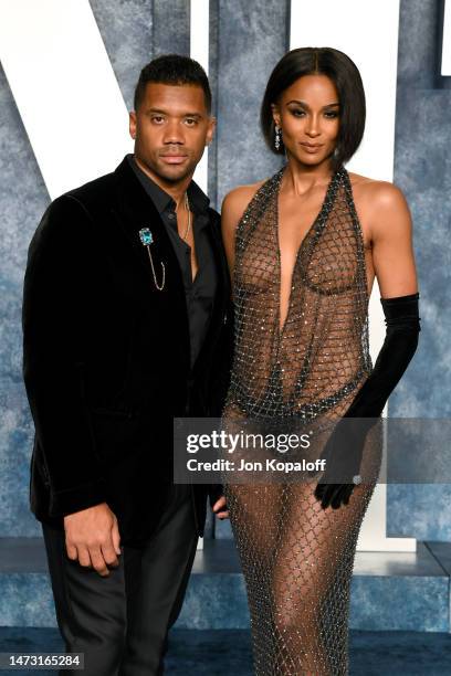 Russell Wilson and Ciara attend the 2023 Vanity Fair Oscar Party Hosted By Radhika Jones at Wallis Annenberg Center for the Performing Arts on March...