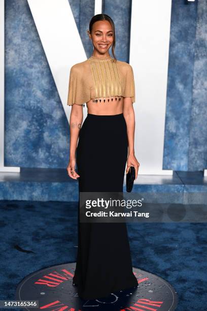 Zoe Saldana attends the 2023 Vanity Fair Oscar Party hosted by Radhika Jones at Wallis Annenberg Center for the Performing Arts on March 12, 2023 in...