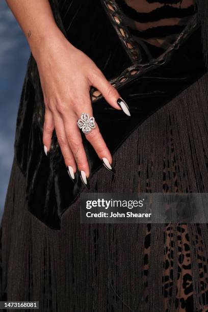 Vanessa Hudgens, jewelry detail, attends the 2023 Vanity Fair Oscar Party Hosted By Radhika Jones at Wallis Annenberg Center for the Performing Arts...