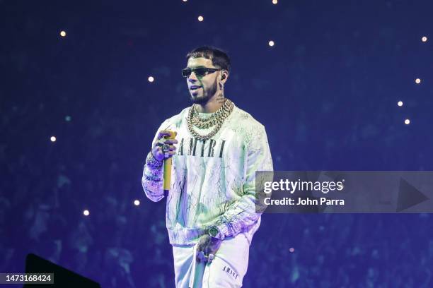 Anuel AA performs during Rauw Alejandro Saturno World Tour 2023 at Miami-Dade Arena on March 11, 2023 in Miami, Florida.